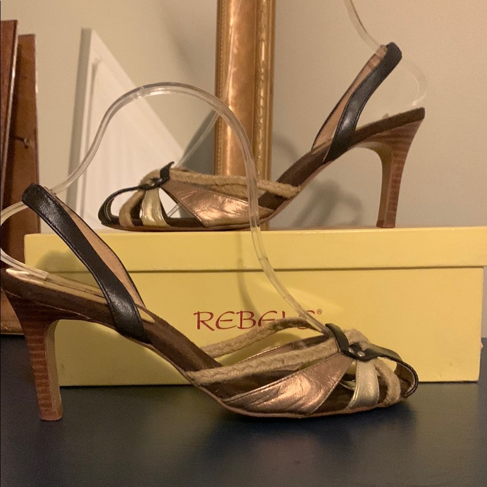 Boho stilettos! Rebels Women's Strappy Heels- dark brown, hemp, and metallic